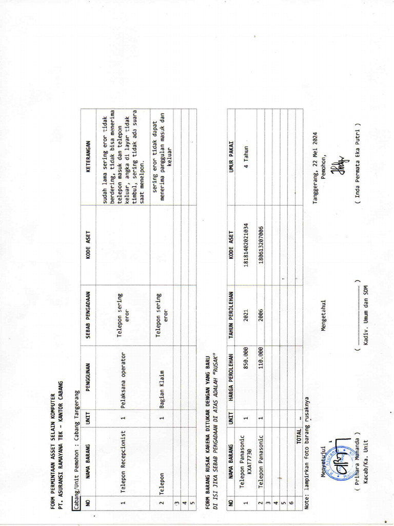 Form permintaan pembelian pesawat telepon operator dan bagian klaim pdf
