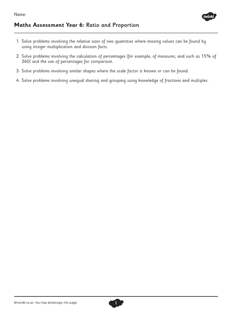 Year 6 Maths: Ratio & Proportion Assessment | PDF | Ratio | Multiplication