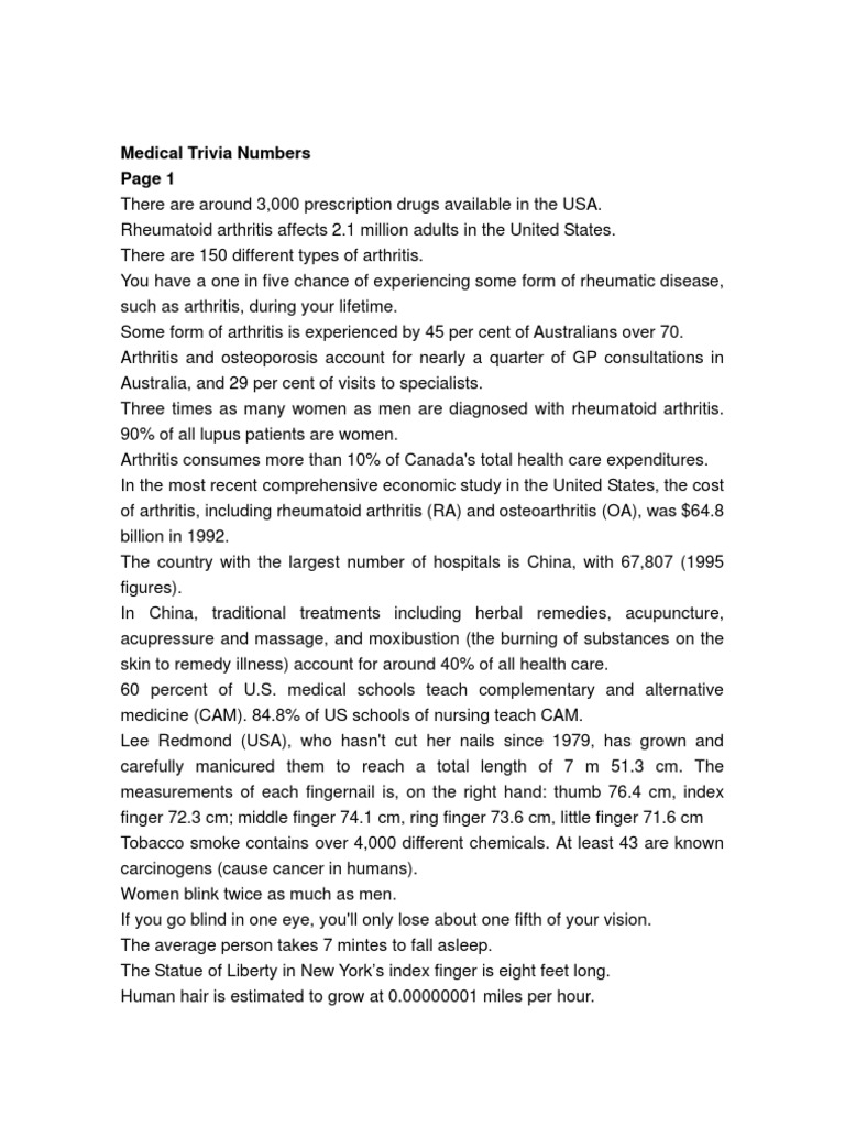 Medical Numbers Trivia | PDF | Arthritis | Pharmaceutical Drug