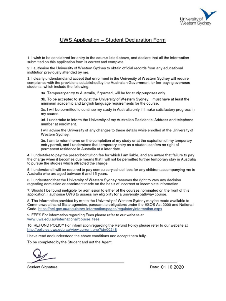 WSU Student Declaration Form 2025 | PDF