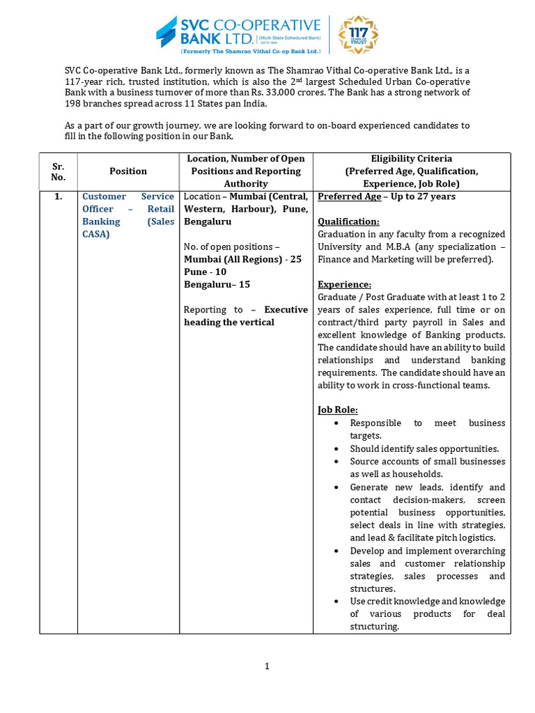 Customer Service Officer Retail Banking (Sales CASA) | PDF ...