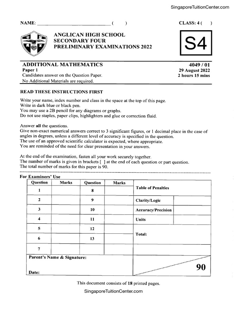 Add Math Anglican High 2022 Sec4 Prelim Singaporetuitioncenter | PDF
