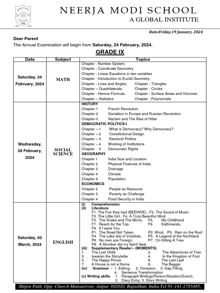 Grade IX Annual Exam Schedule 2024 | PDF | Tissue (Biology)