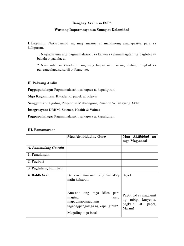 Lesson Plan in Esp5 1 | PDF