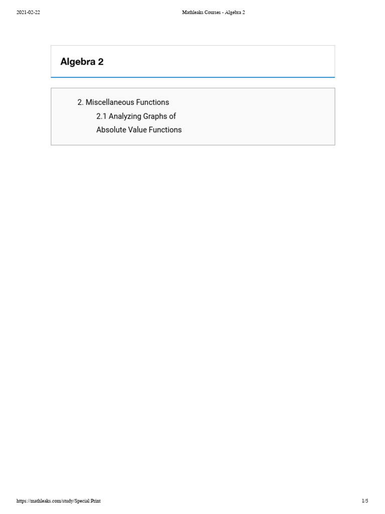 Algebra 2 Analyzing Graphs of Absolute Value Functions Min | PDF ...