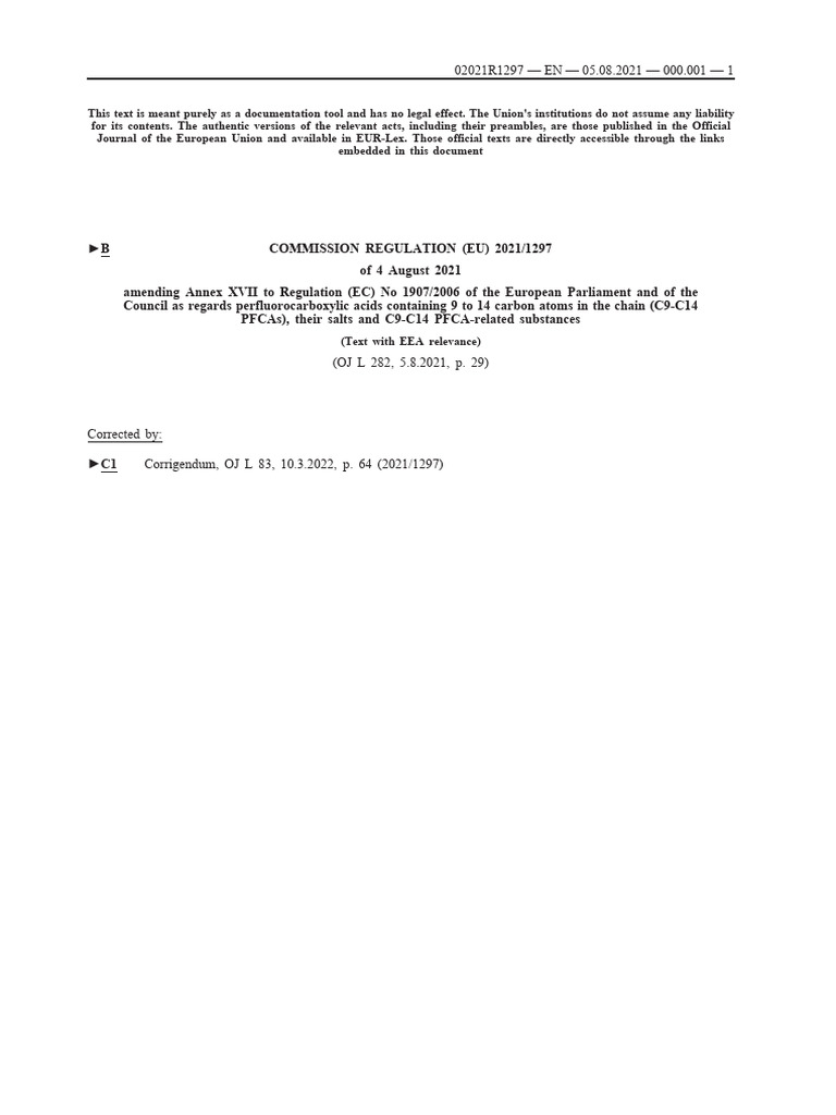 1297-2021-EC Amnd 1907-2006-EC Annex XVII PFCAs | PDF | Chemical ...