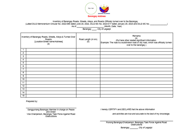 Legazpi Barangay Road Inventory | PDF