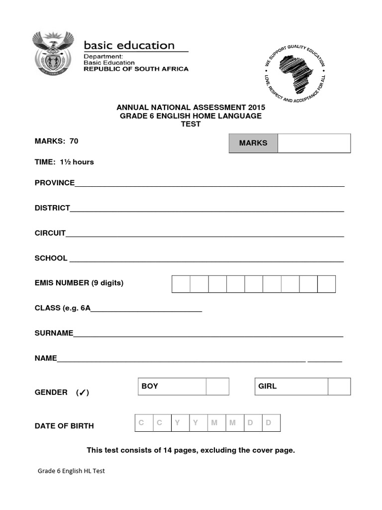 2015 GDE Grade 6 English HL Test | PDF | English Language | Question