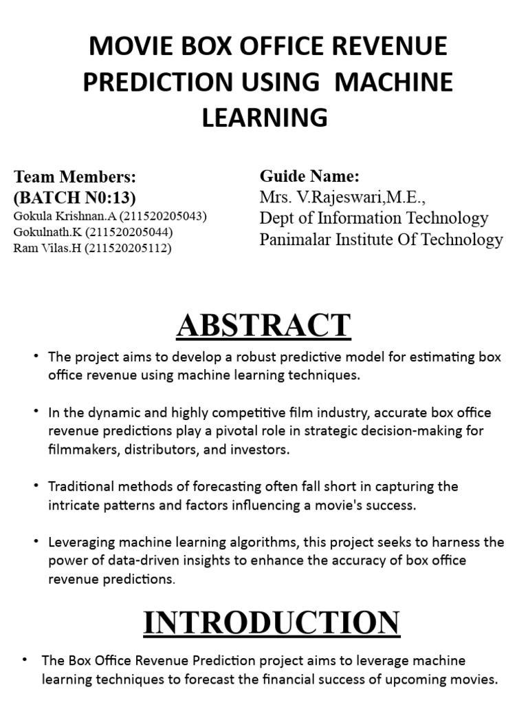 Movie box office revenue prediction using machine learning team