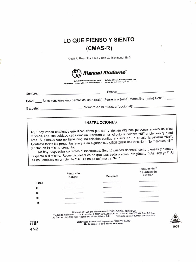 CMAS-R. Escala D'ansietat en Nens | PDF