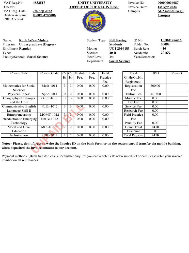 Unity University Invoice for April 2024 | PDF | Invoice | Money