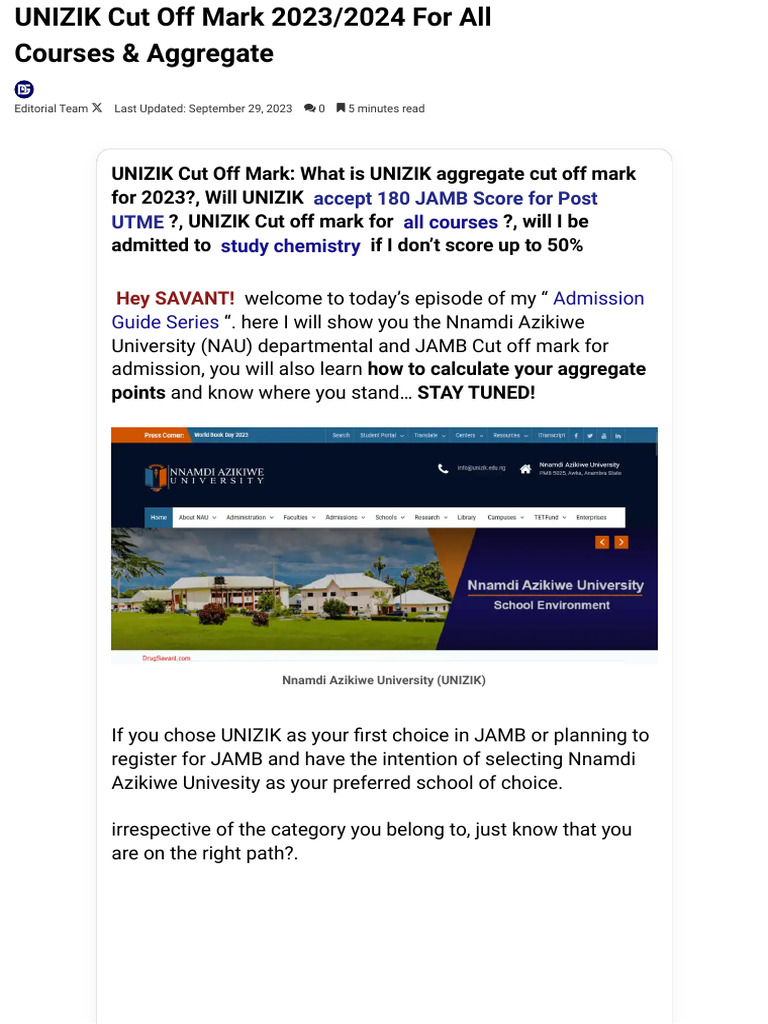 UNIZIK Cut Off Mark 2023 2024 For All Courses & Aggregate Drug PDF
