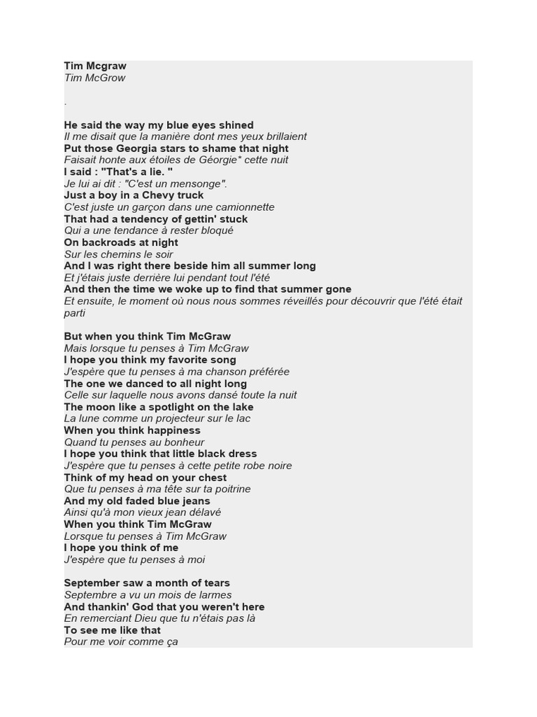 Tim McGraw Song Lyrics Overview | PDF | Song Structure