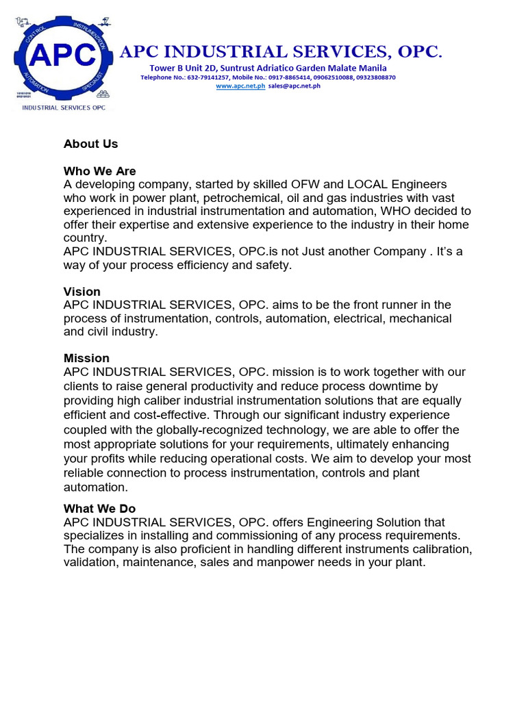 APC Industrial Services Overview | PDF | Instrumentation | Automation