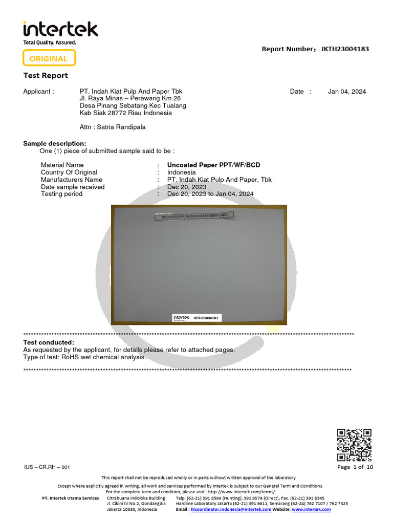 RoHS Test Report for Uncoated Paper | PDF | Chromium | Materials