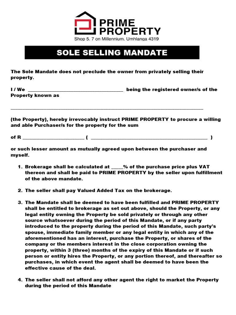 Sole mandate pdf property sales
