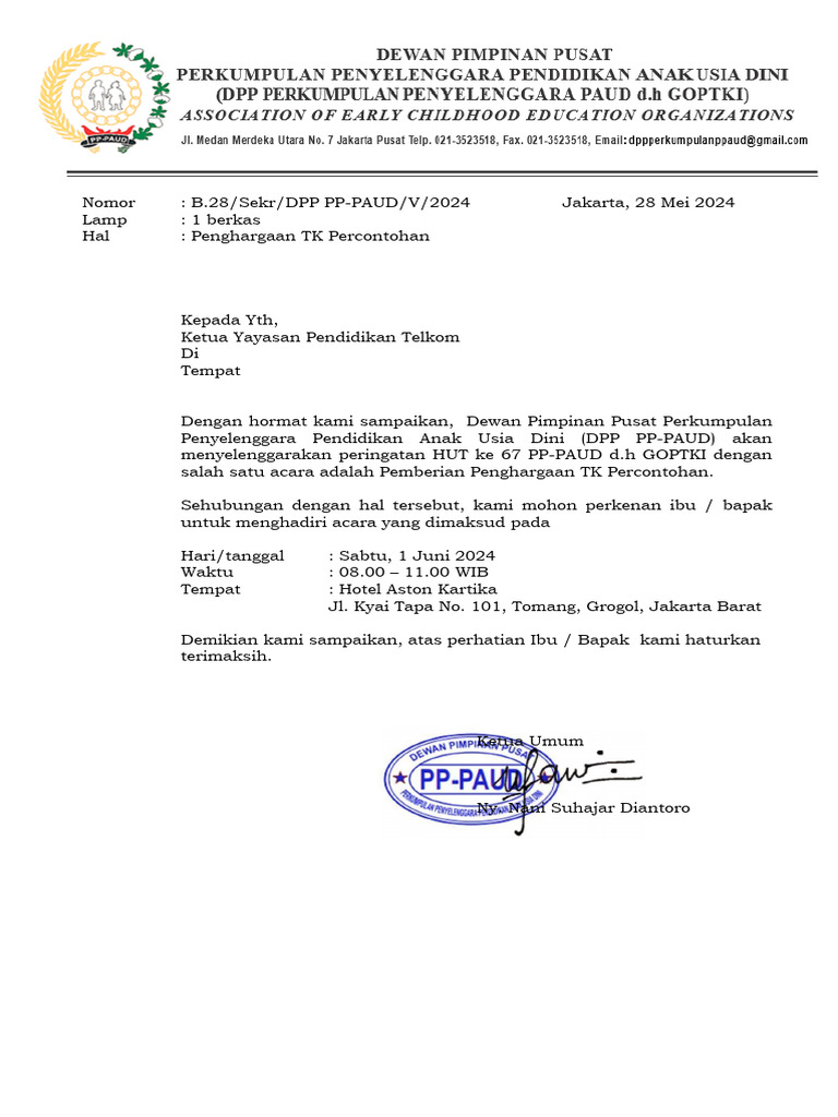 Surat Undangan TK Percontohan Yayasan Pendidikan Telkom | PDF