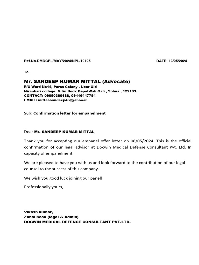 Confirmation Letter For Mr. SANDEEP KUMAR MITTAL (Advocate) | PDF