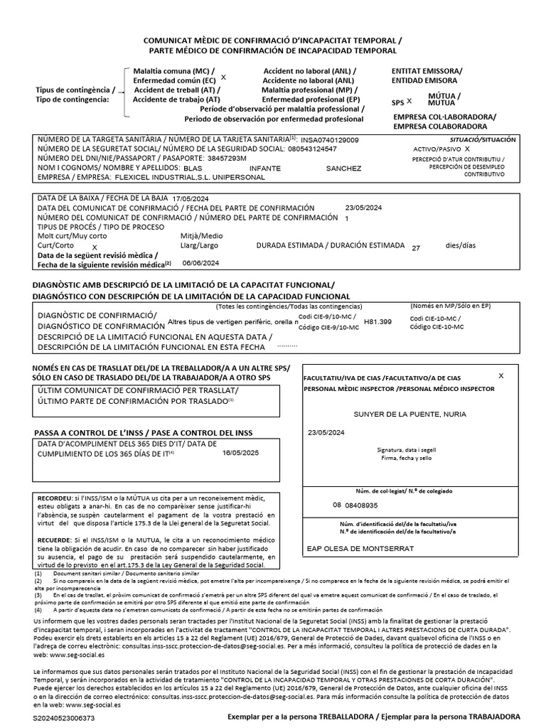 Parte Médico de Incapacidad Temporal | PDF | Medicina CLINICA ...