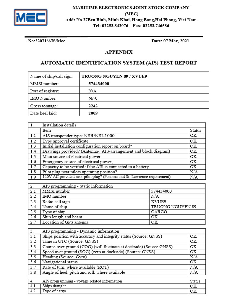 Ais Test Report 2018 | PDF | Navigation | Electrical Engineering