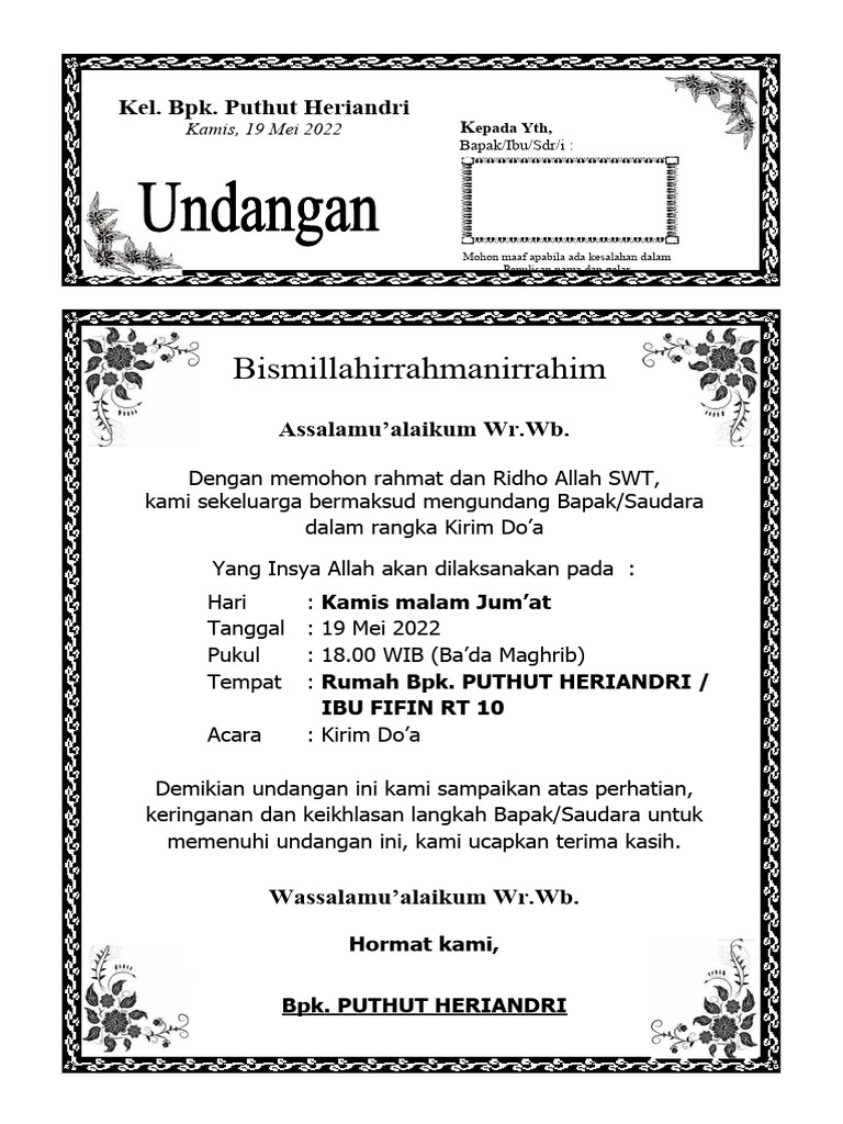 01 Contoh Undangan 7 Hari Format | PDF
