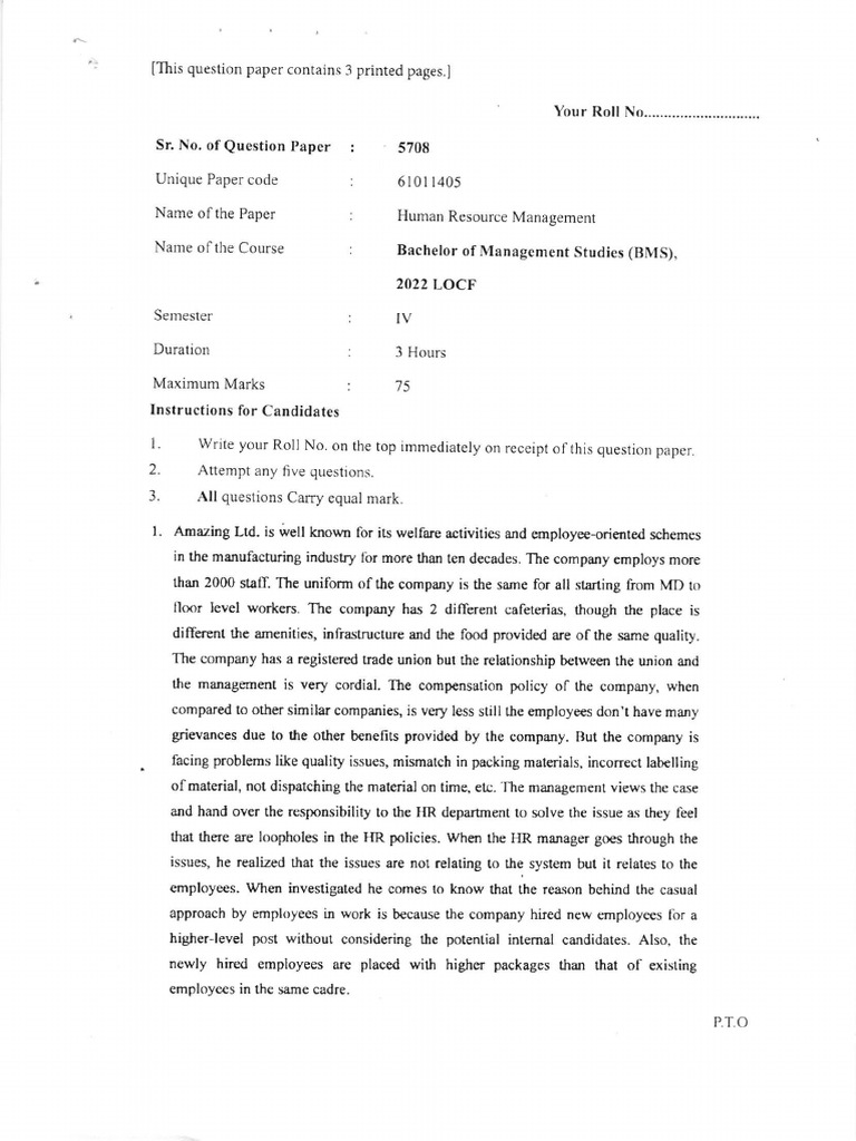 Human Resource Management Exam Paper | PDF | Employment | Labor