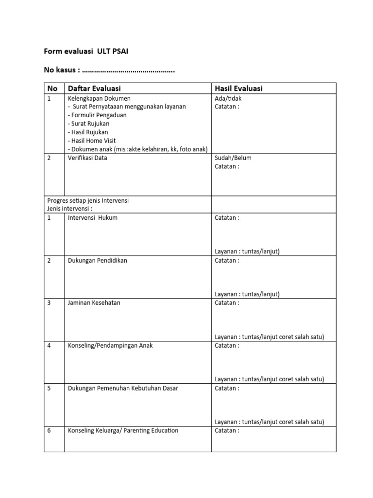 Form Evaluasi ULT PSAI Tulungagung | PDF