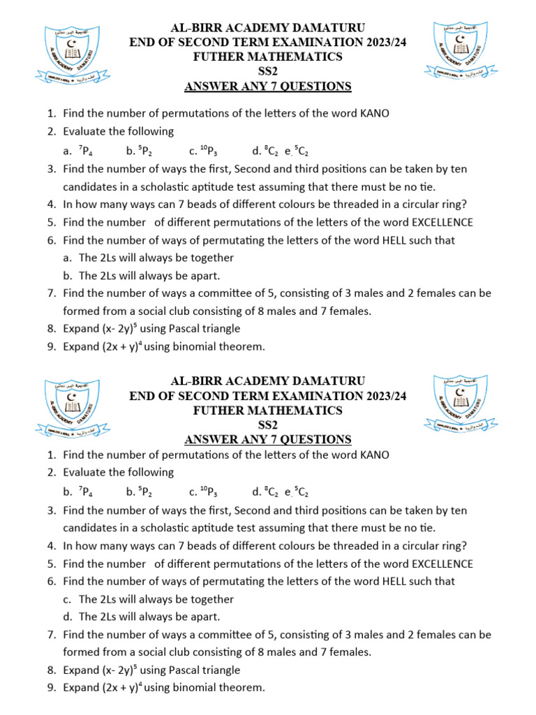 Further Maths ss2 | PDF