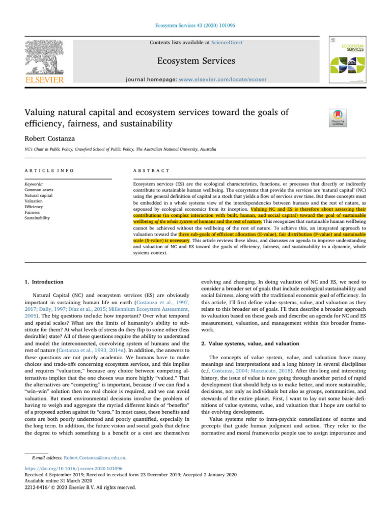 Valuing natural capital and ecosystem services toward the goals of