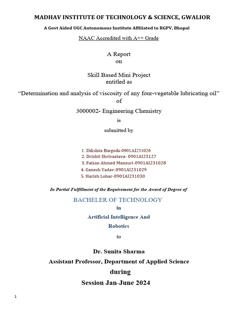 Determination of Viscosity of Two Lubricating Oils Oriject Report