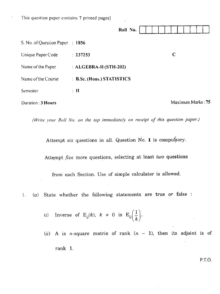B SC Hons Statistics Algebra Ii STH - 202 Sem Ii | PDF