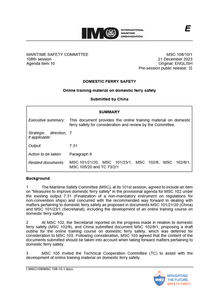 MSC 108-10-1 - Online Training Material On Domestic Ferry Safety (China ...