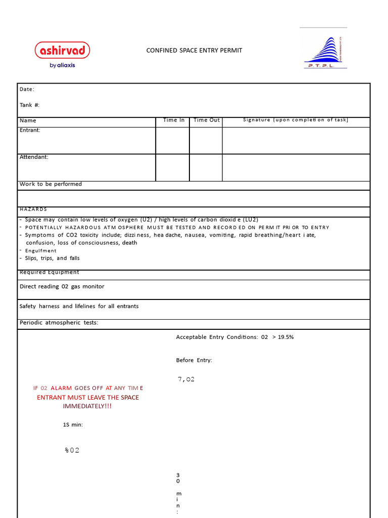 Confined Space Entry Permit | PDF