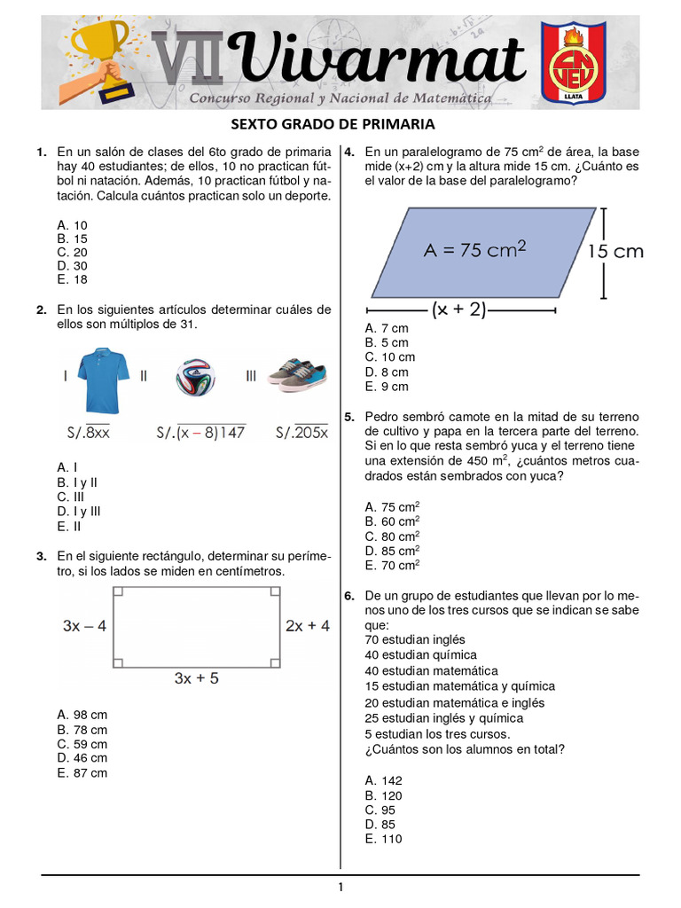 Ejercicios Matemáticos 6to Grado | PDF