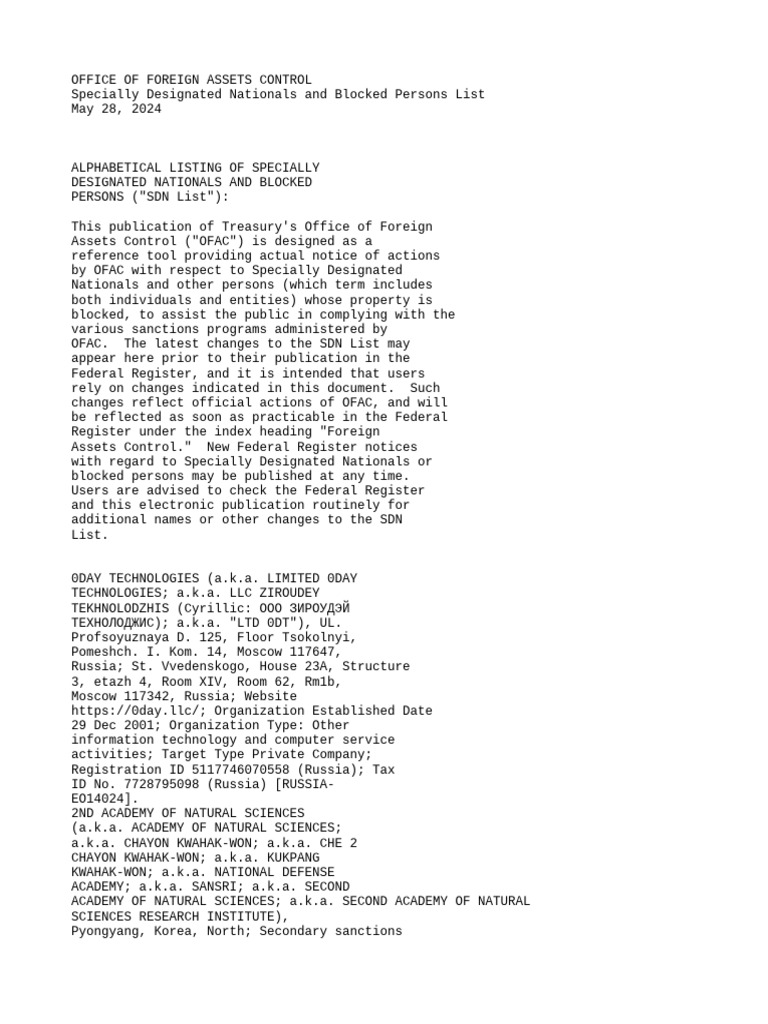OFAC SDN List - May 2024 Update | PDF | Office Of Foreign Assets ...
