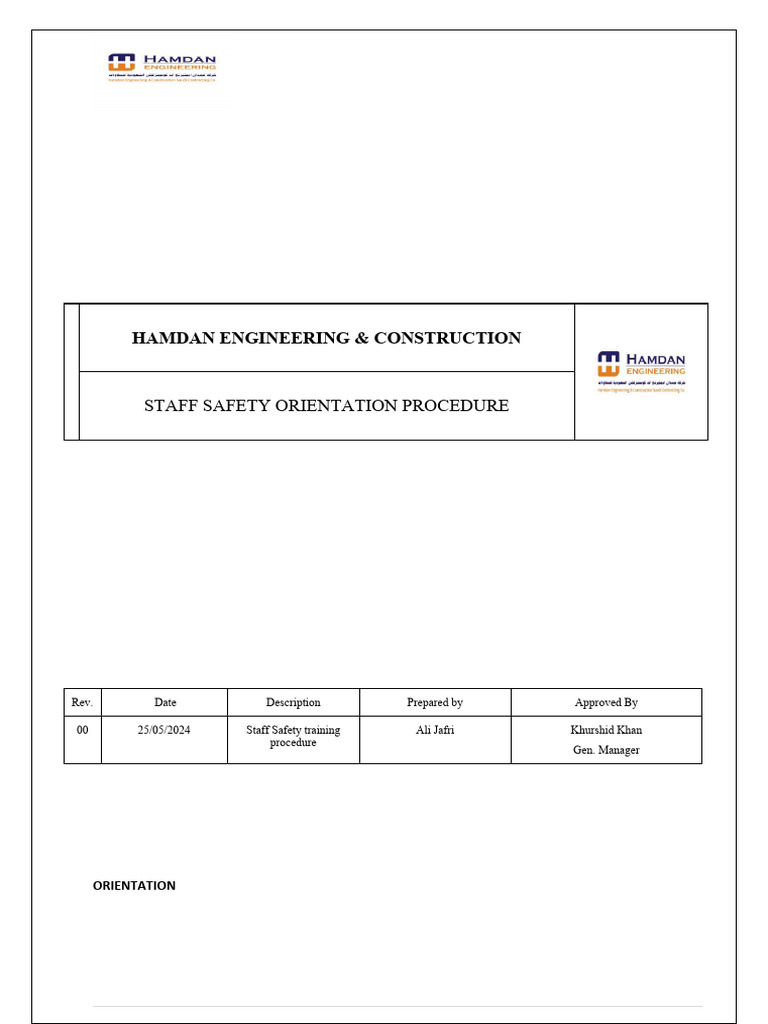 Hamdan Staff Safety Orientation Pdf Safety Occupational Safety