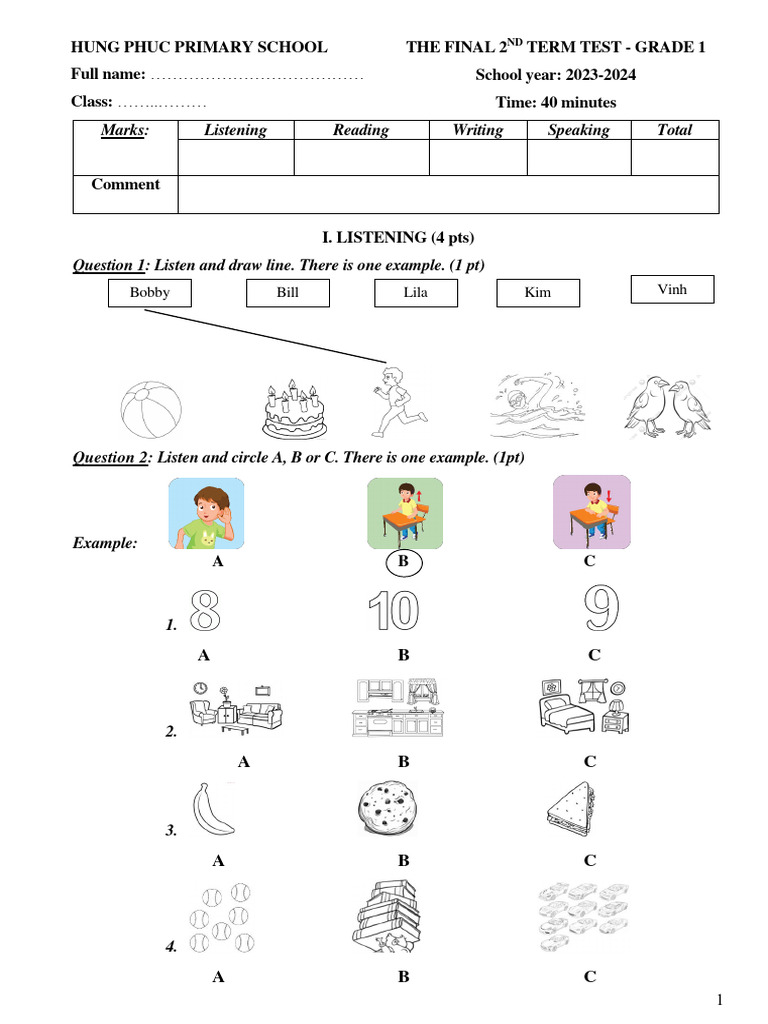 Grade 1 Final Term Test 2023-2024 | PDF