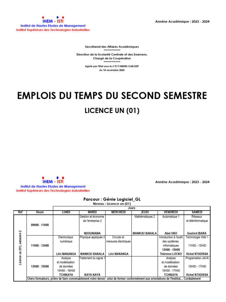 Emplois du temps Licence 2023-2024 | PDF | Électronique | Informatique