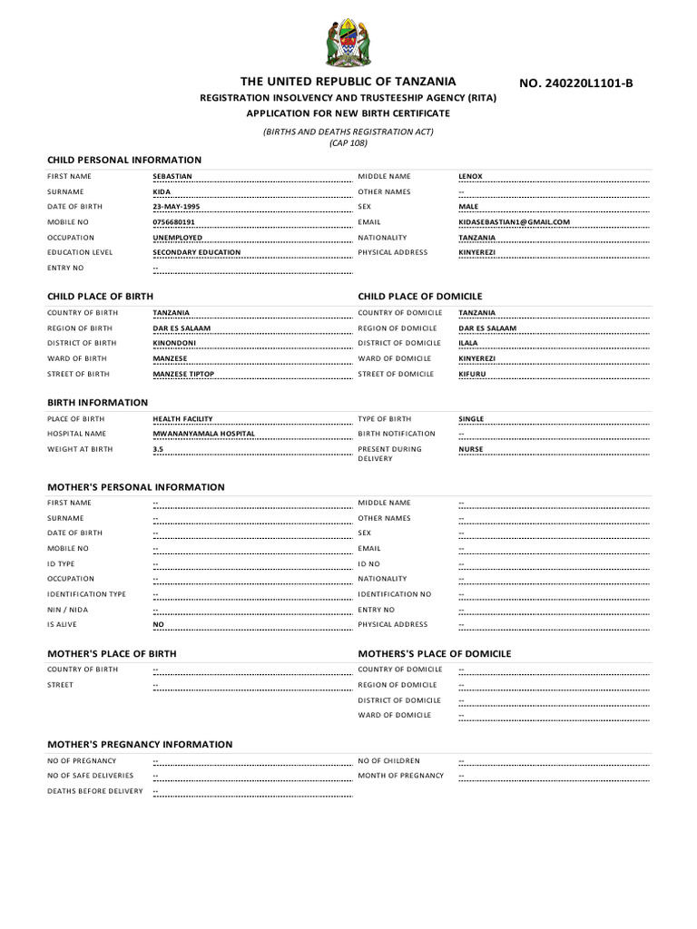 Tanzania Birth Certificate Application Form | PDF | Health Care