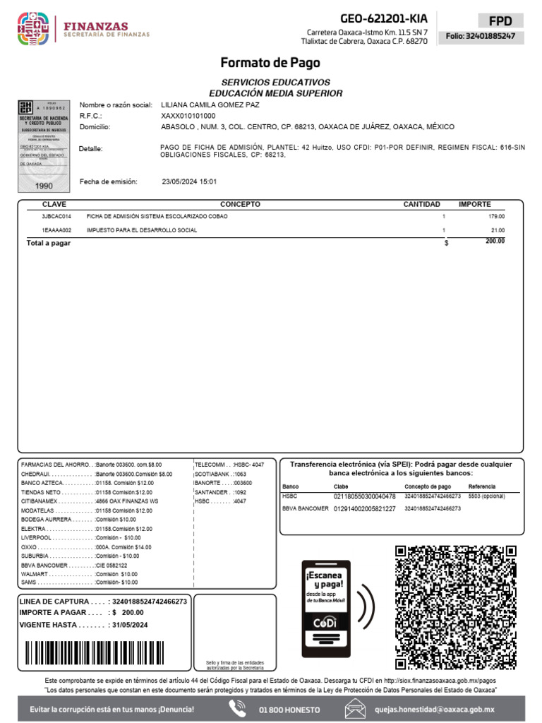 Comprobante de Pago Ficha de Admisión COBAO | PDF | Finanzas personales ...