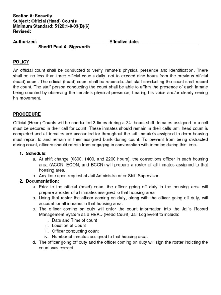 Official Inmate Head Count Procedures | PDF | Prison | Penology