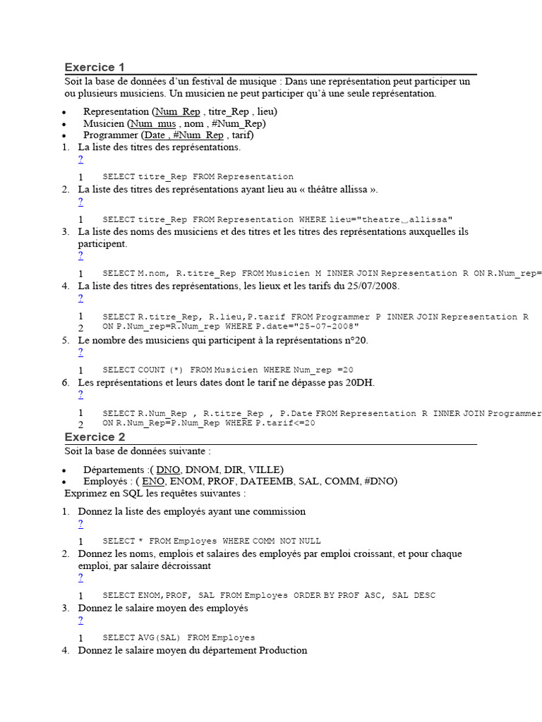 Exercices SQL Corrigés PDF | PDF | SQL | Informatique