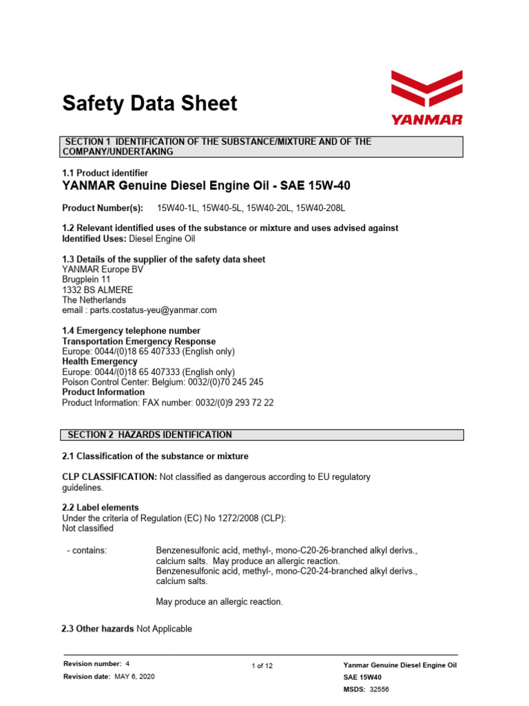 SDS Yanmar Genuine Diesel Engine Oil 15W40 ENG Download Free PDF