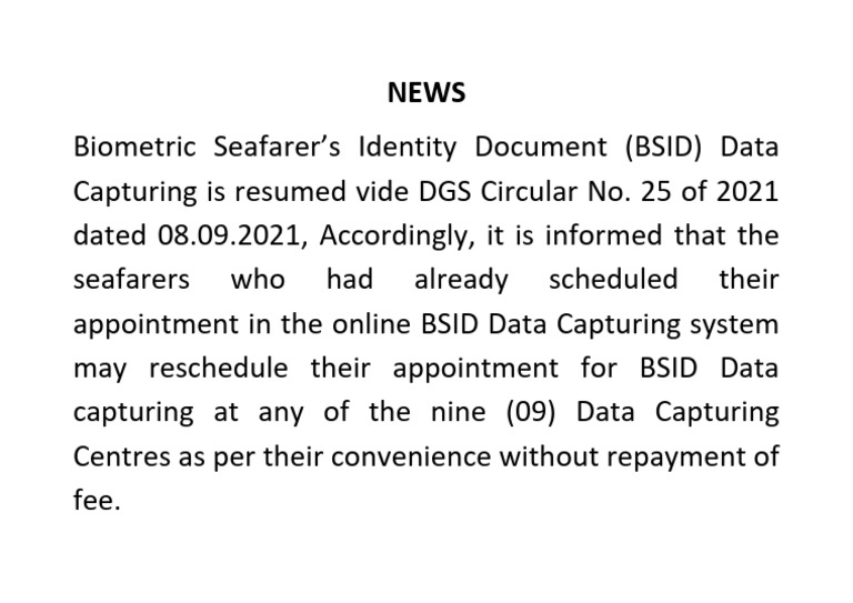 BSID Data Capturing Resumed for Seafarers | PDF