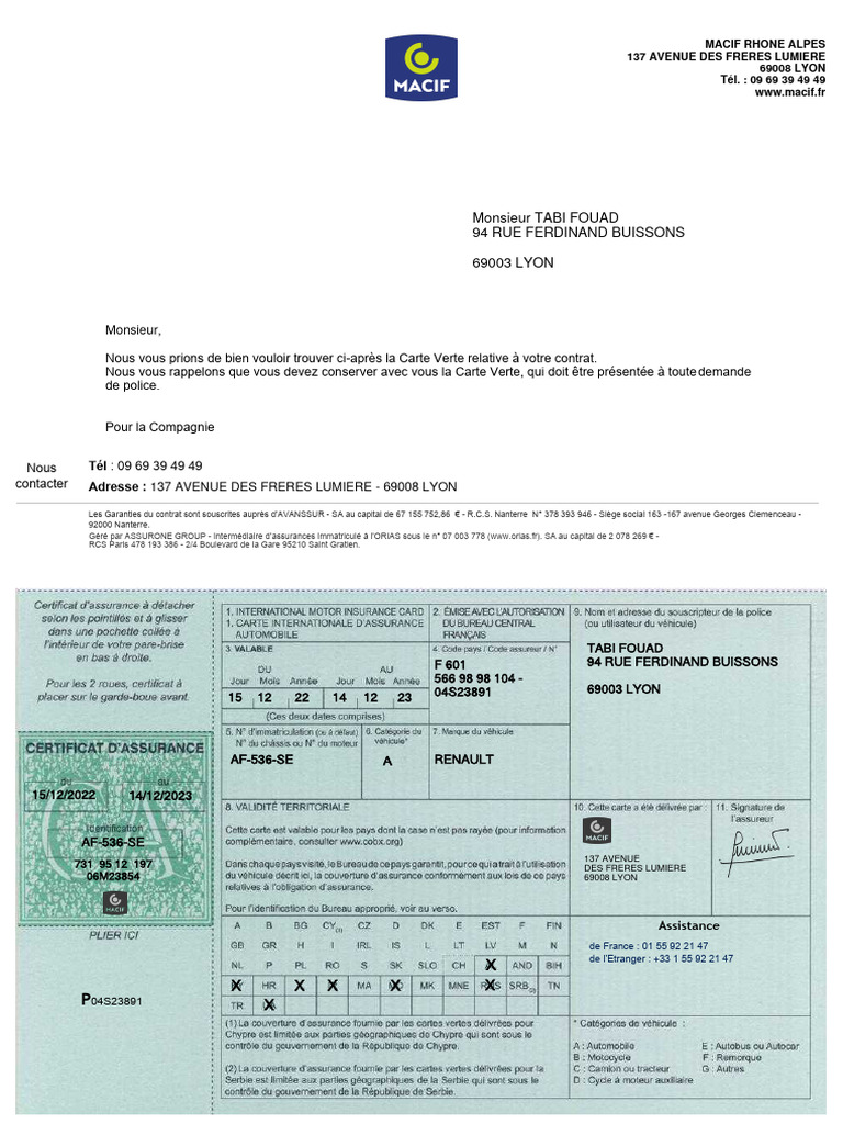 Carte Verte Assurance MACIF 2023 | PDF