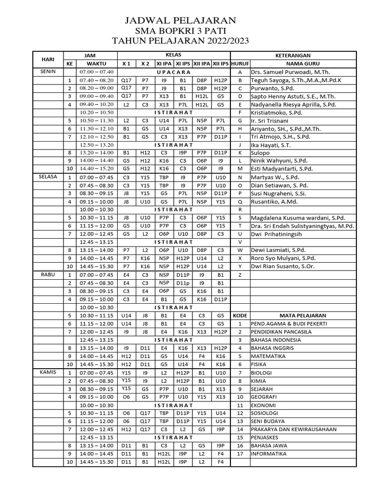 Jadwal Pelajaran 2022 2023 Pdf