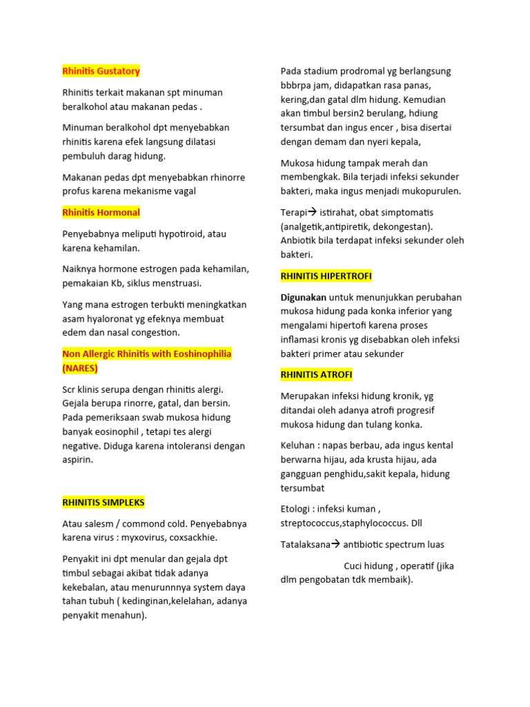 Rhinitis Gustatory, Hormonal, Hipertrofi, Atrofi, Jamur, Diftreri | PDF