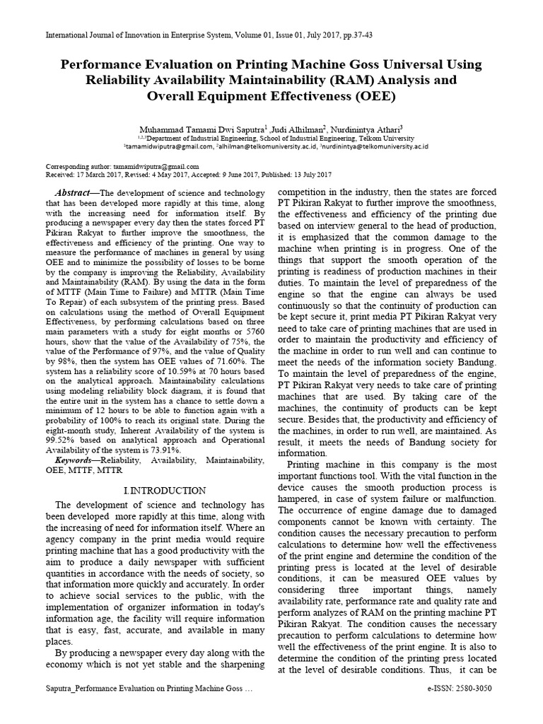 Printing Machine Performance Evaluation | PDF | Reliability Engineering ...