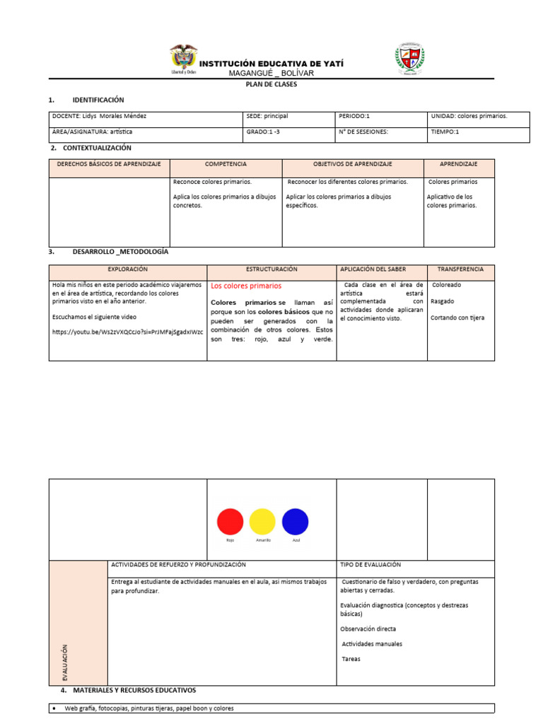 Plan de Clase 2 Periodo Artistica | Descargar gratis PDF | Evaluación ...