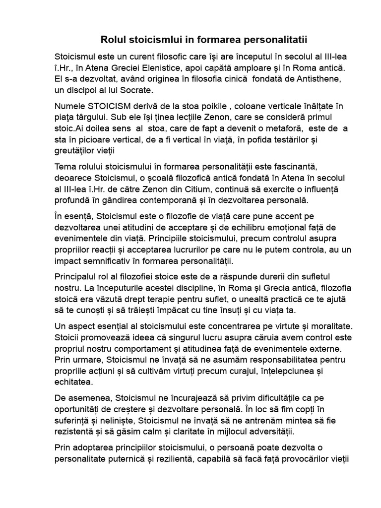 Rolul Stoicismlui În Formarea Personalitatii | PDF